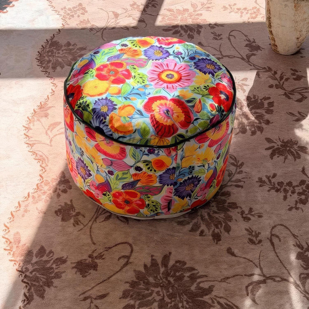 Retro Floral Pouf Cover, Boho Ottoman Slipcover, Unstuffed Footstool