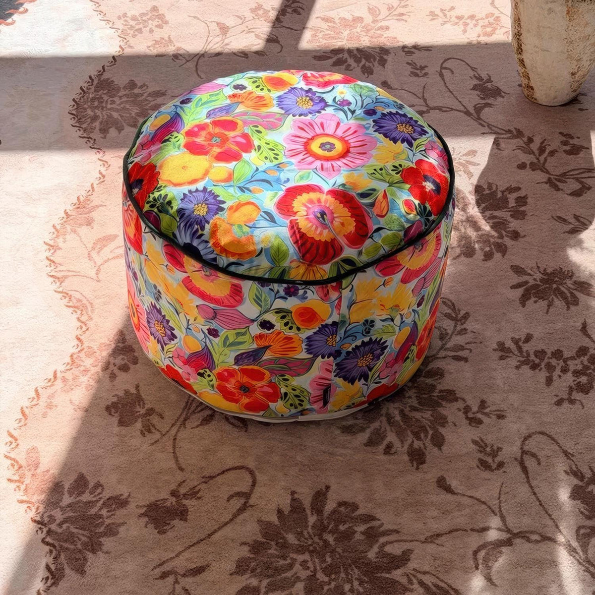 Retro Floral Pouf Cover, Boho Ottoman Slipcover, Unstuffed Footstool