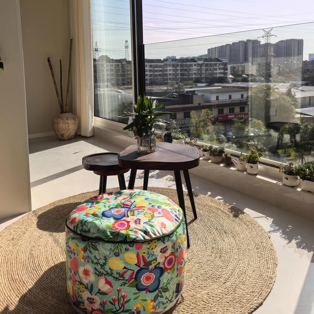 Retro Floral Pouf Cover, Boho Ottoman Slipcover, Unstuffed Footstool