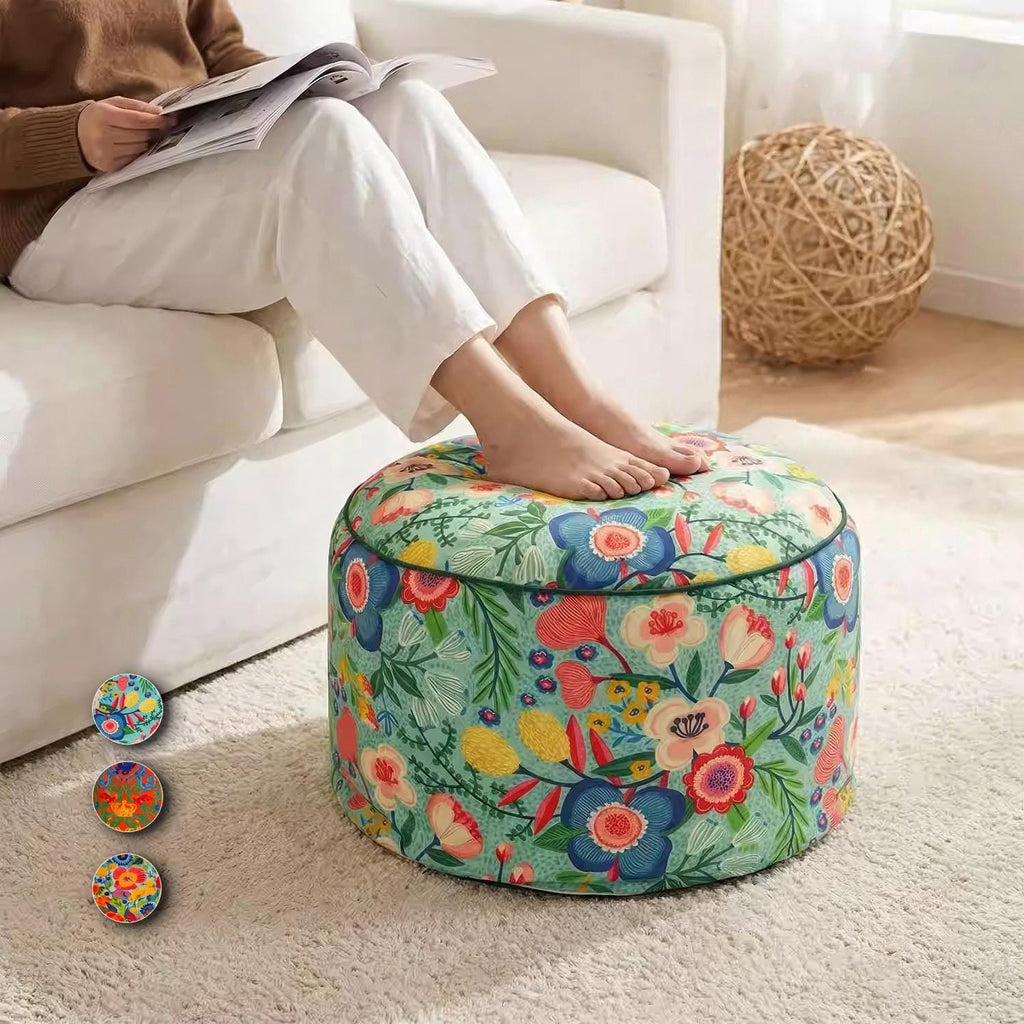 Retro Floral Pouf Cover, Boho Ottoman Slipcover, Unstuffed Footstool