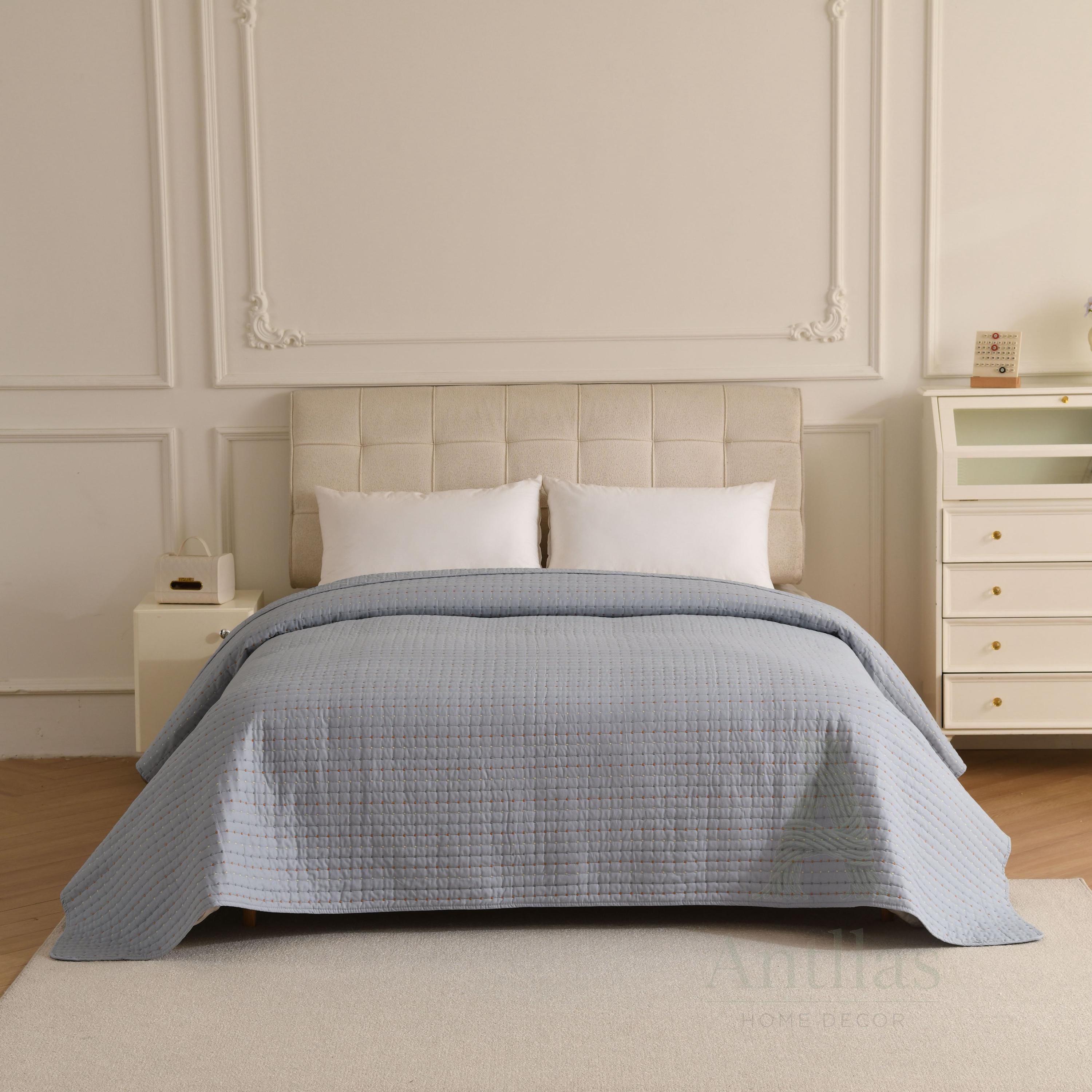 Cotton Quilted Bedspread, Boho Kantha Stitch, Queen King bedcover