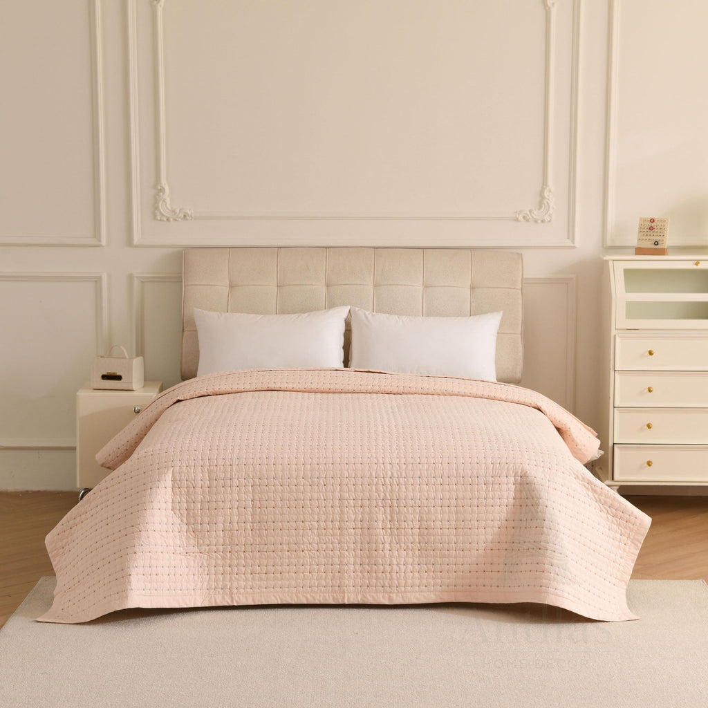 Cotton Quilted Bedspread, Boho Kantha Stitch, Queen King bedcover