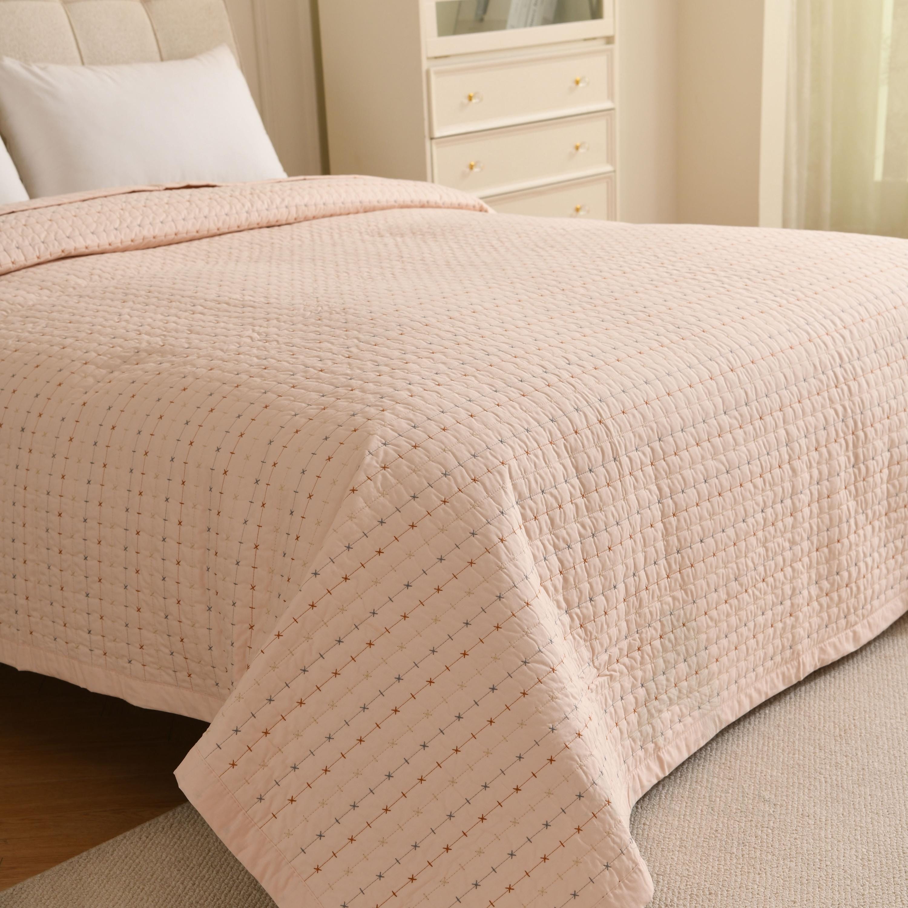 Cotton Quilted Bedspread, Boho Kantha Stitch, Queen King bedcover