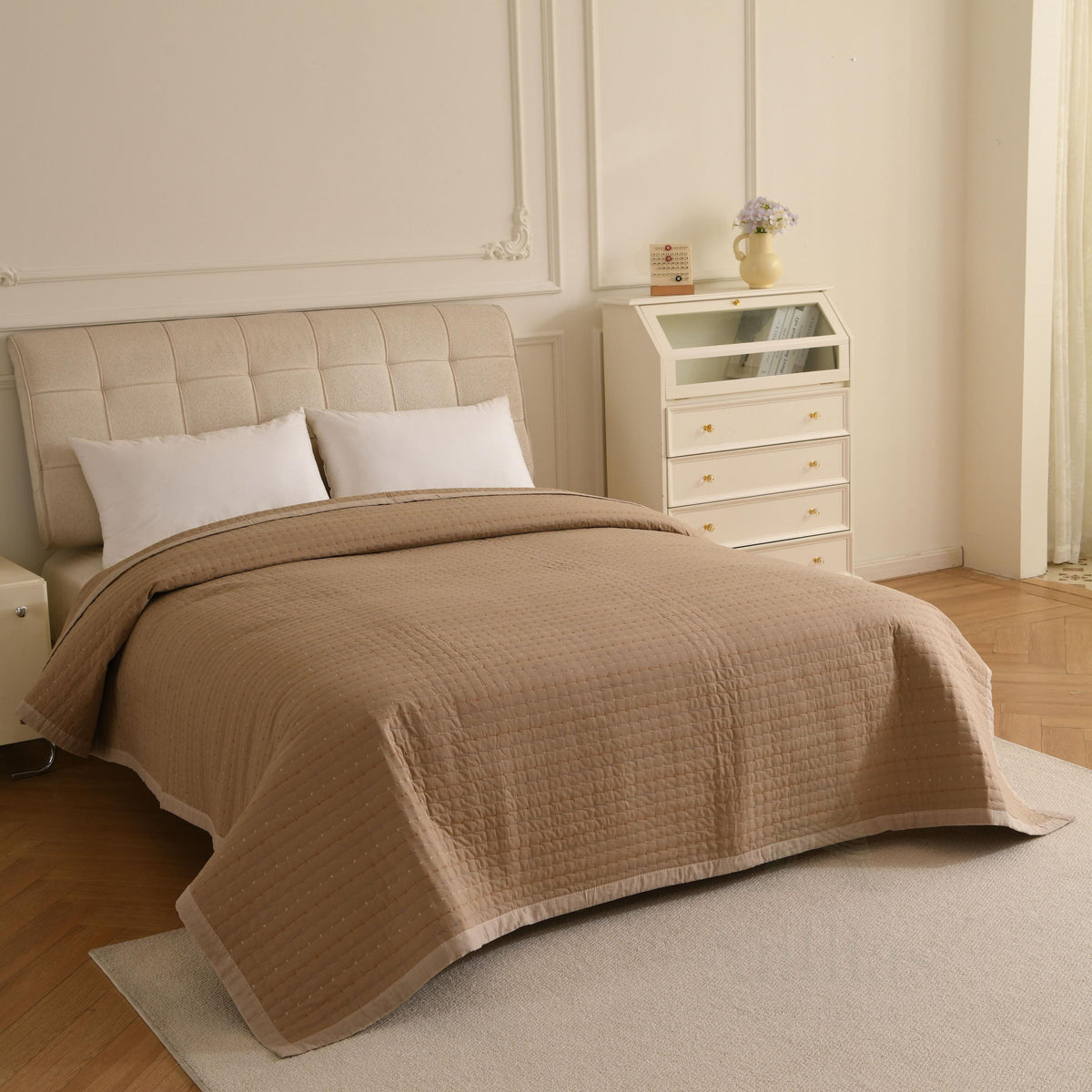 Boho Farmhouse Cotton Boho Kantha Quilted Bedspread, Pick Stitch Coverlet (230x250cm)