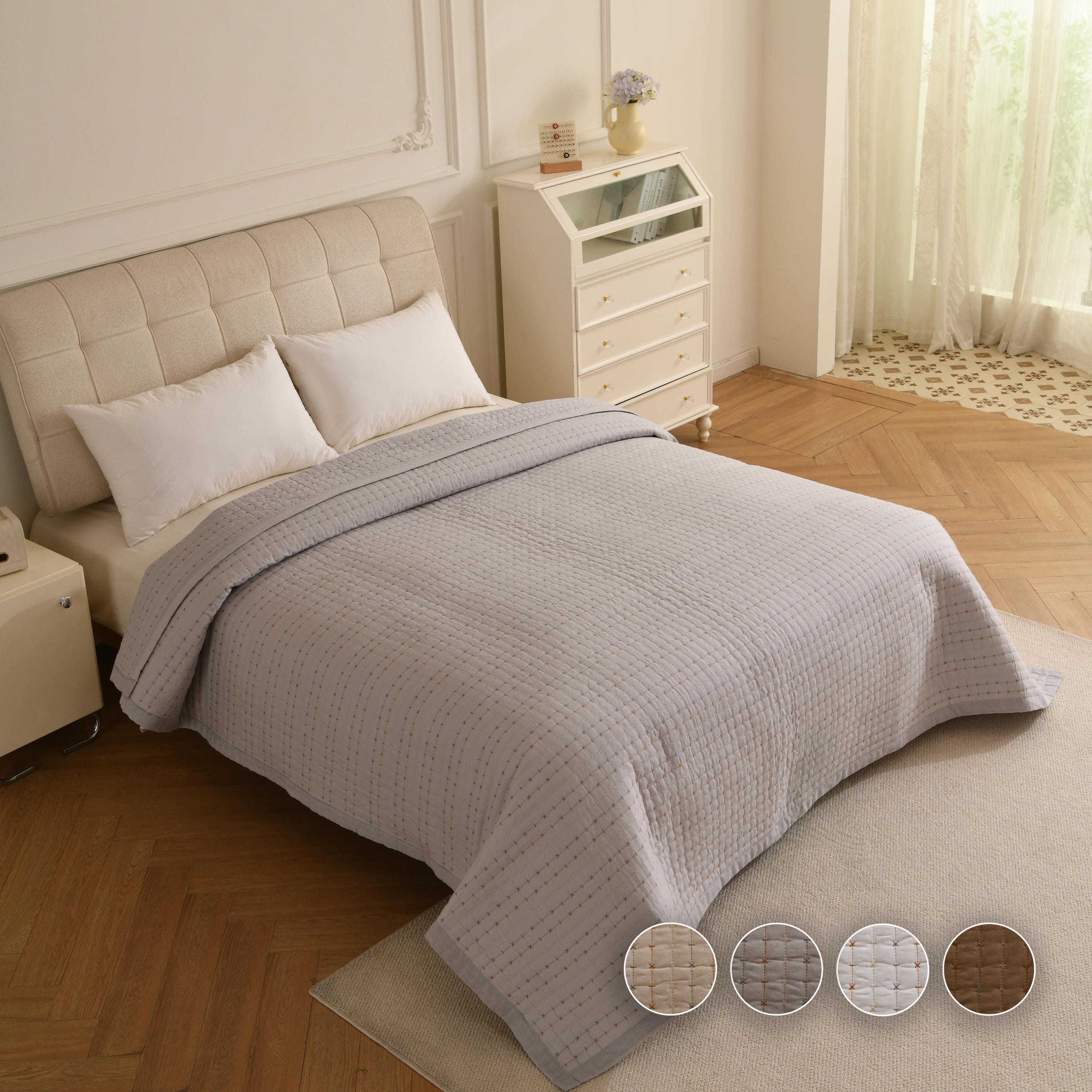 Boho Farmhouse Cotton Boho Kantha Quilted Bedspread, Pick Stitch Coverlet (230x250cm)