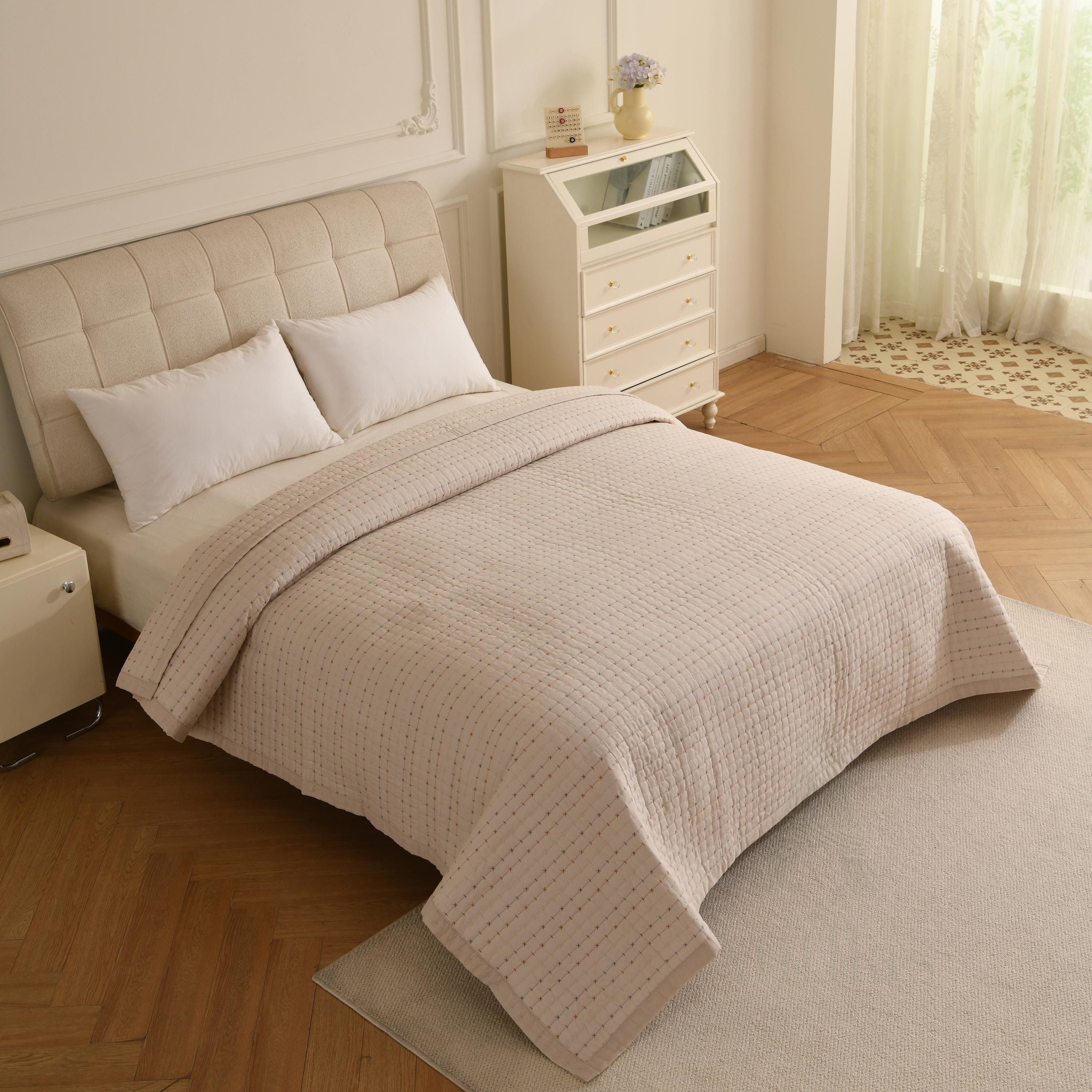 Boho Farmhouse Cotton Boho Kantha Quilted Bedspread, Pick Stitch Coverlet (230x250cm)