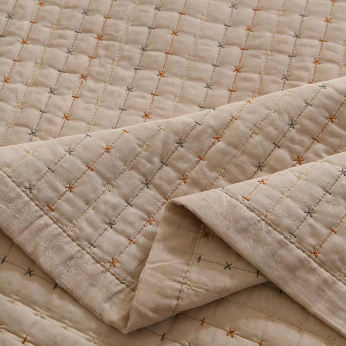 Boho Farmhouse Cotton Boho Kantha Quilted Bedspread, Pick Stitch Coverlet (230x250cm)