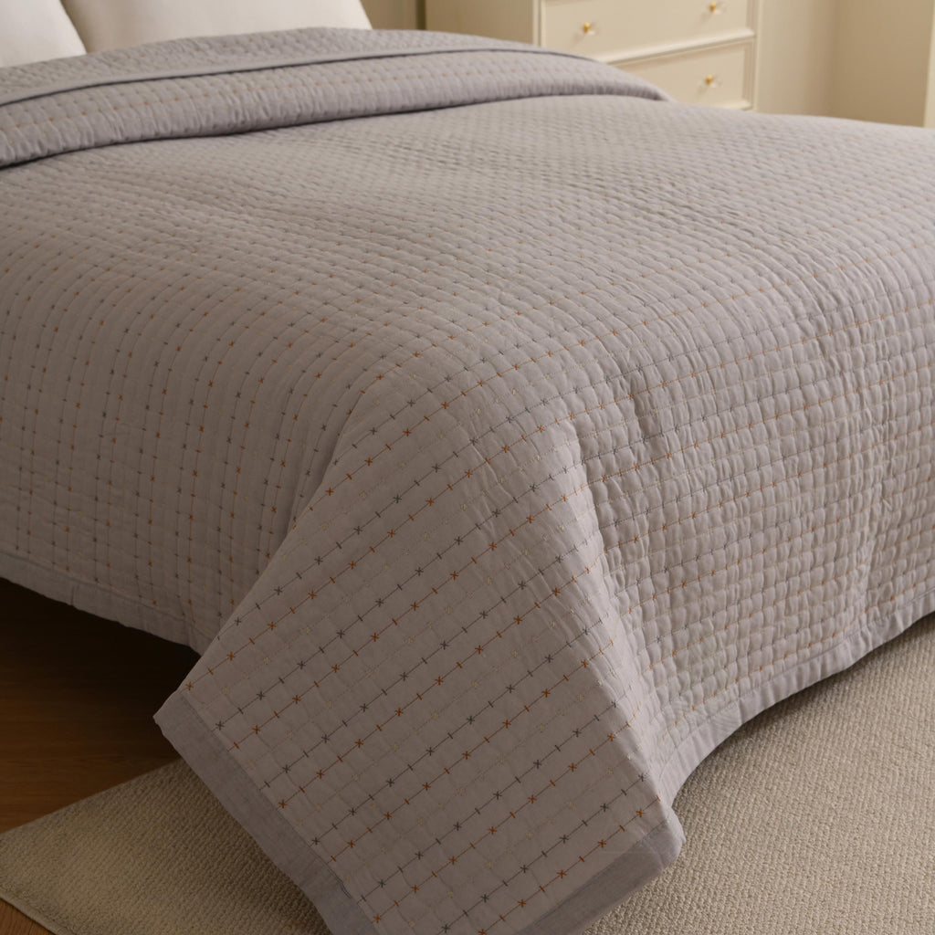 Boho Farmhouse Cotton Boho Kantha Quilted Bedspread, Pick Stitch Coverlet (230x250cm)