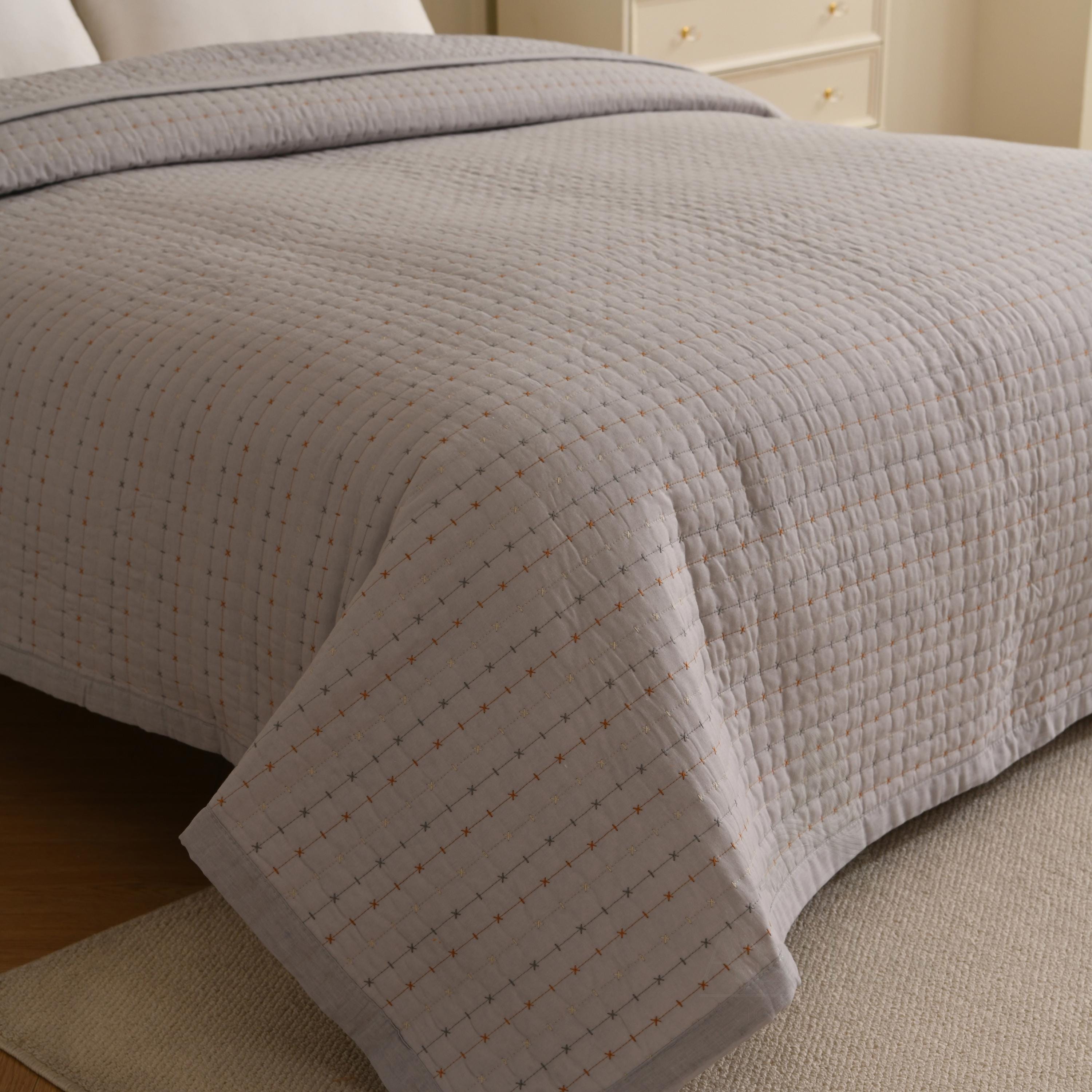 Boho Farmhouse Cotton Boho Kantha Quilted Bedspread, Pick Stitch Coverlet (230x250cm)