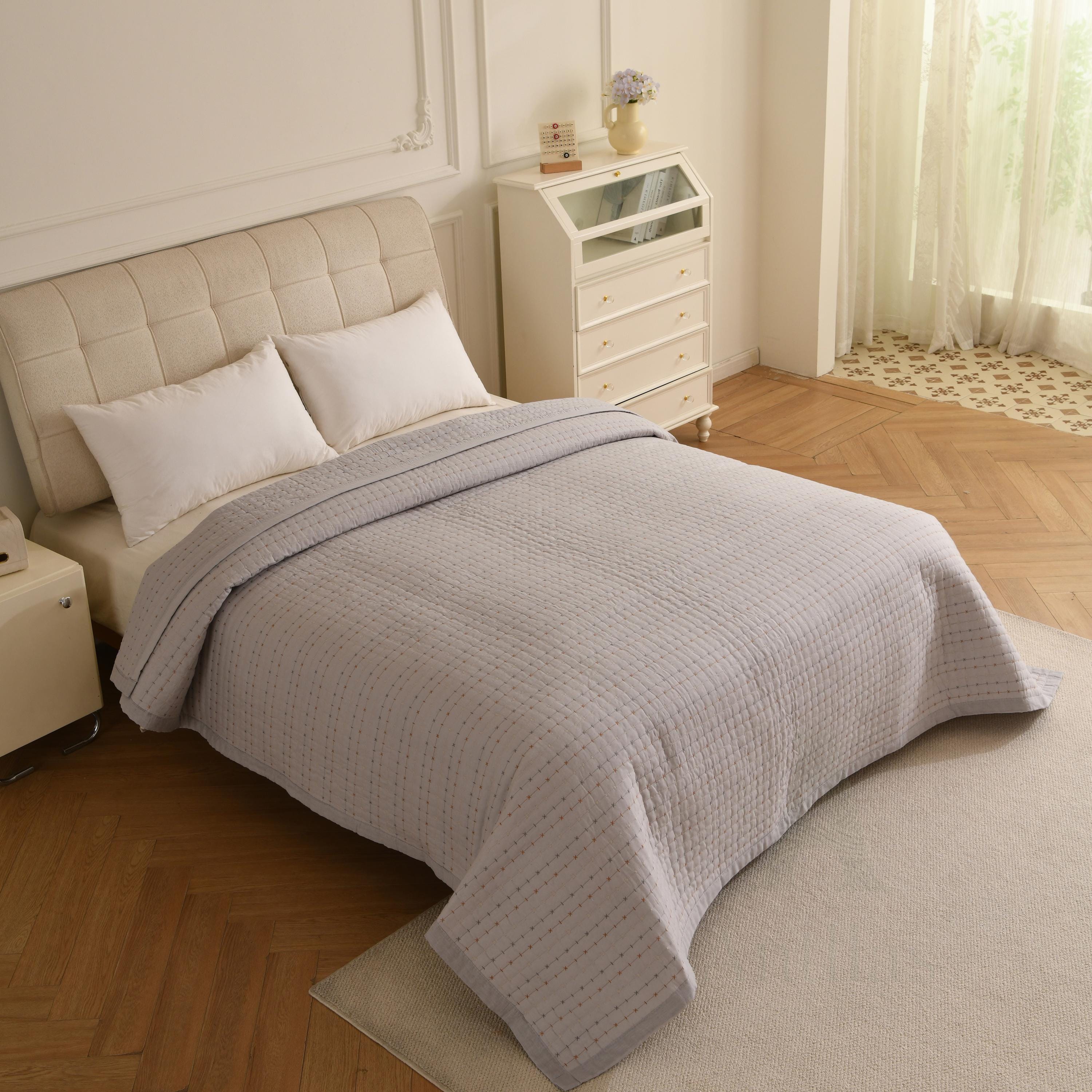 Boho Farmhouse Cotton Boho Kantha Quilted Bedspread, Pick Stitch Coverlet (230x250cm)