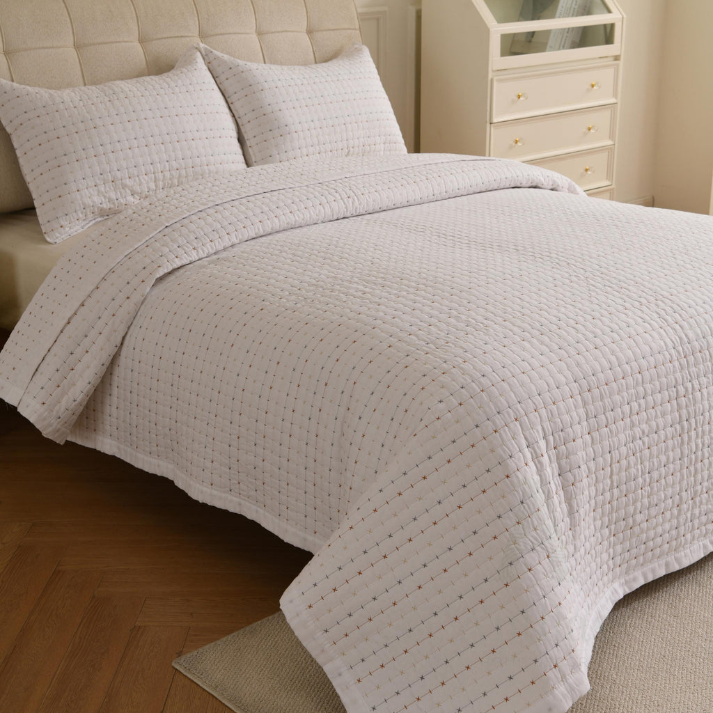 Boho Farmhouse Cotton Boho Kantha Quilted Bedspread, Pick Stitch Coverlet (230x250cm)