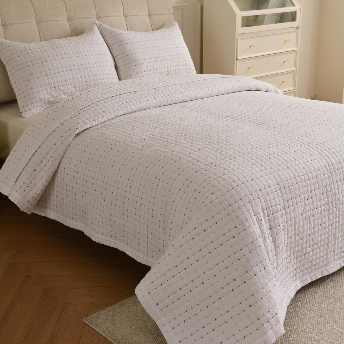 Boho Farmhouse Cotton Boho Kantha Quilted Bedspread, Pick Stitch Coverlet (230x250cm)