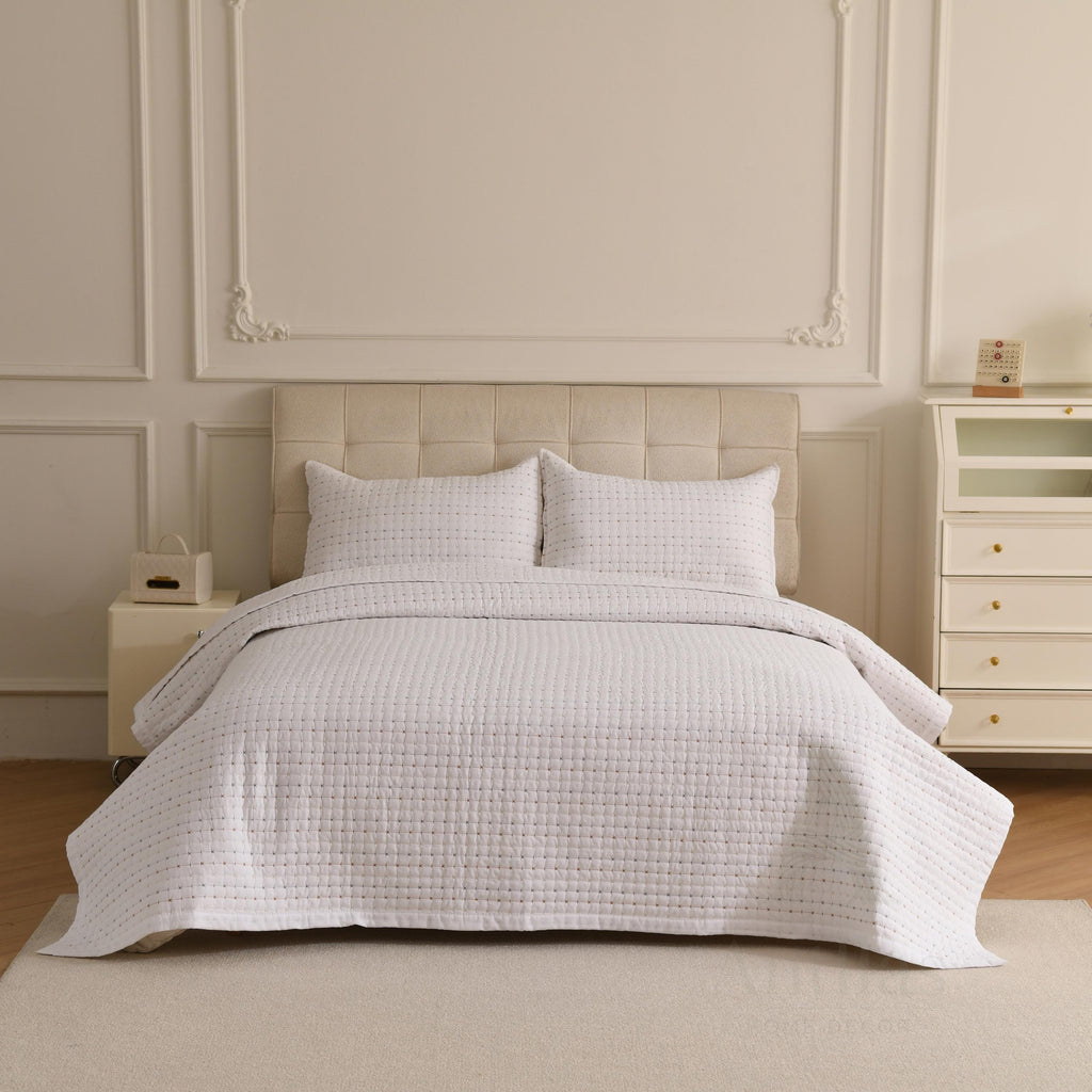 White Cotton Quilted Bedspread with Pillow, King Size Pick Stitch Coverlet