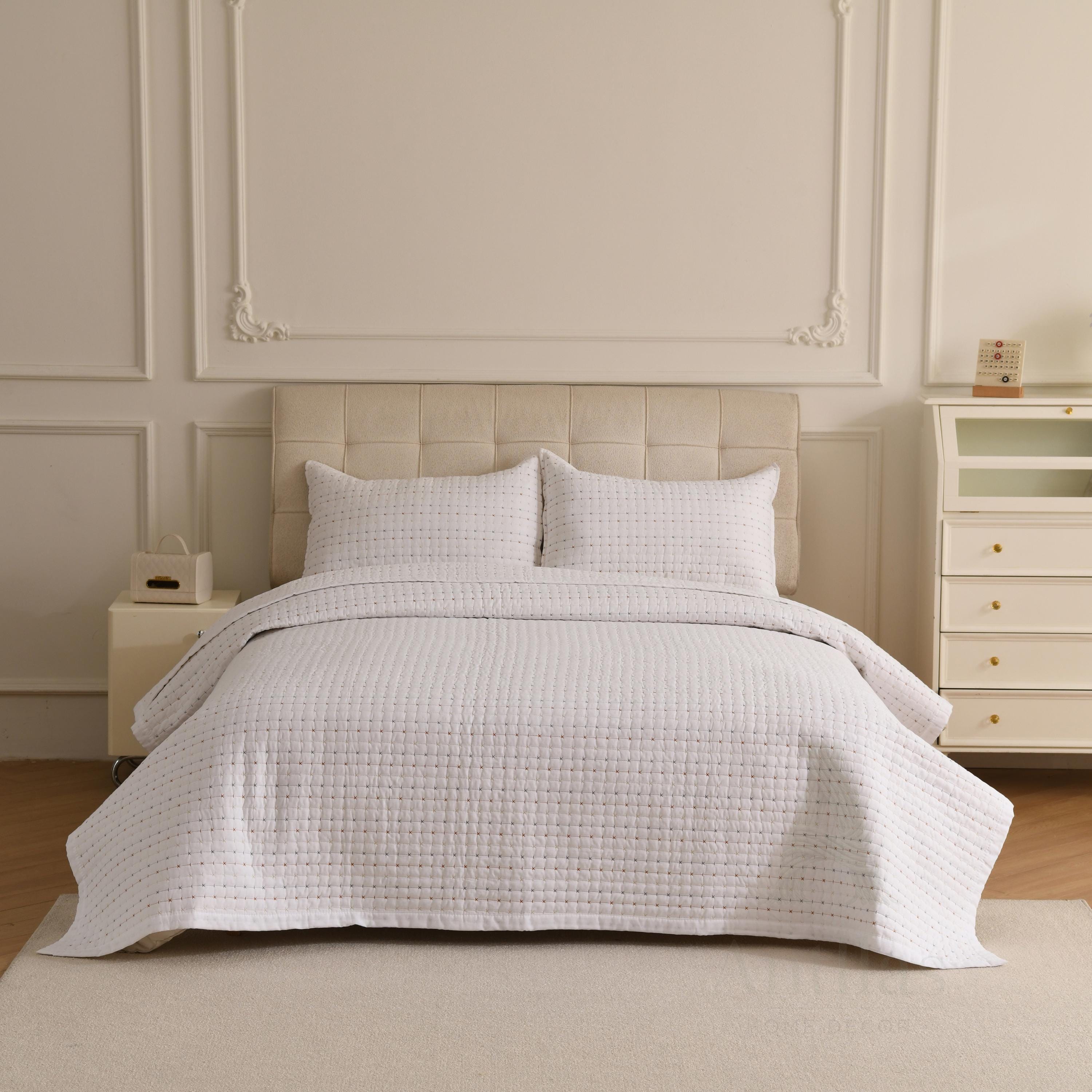 White Cotton Quilted Bedspread with Pillow, King Size Pick Stitch Coverlet