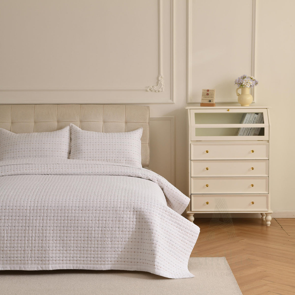White Cotton Quilted Bedspread with Pillow, King Size Pick Stitch Coverlet