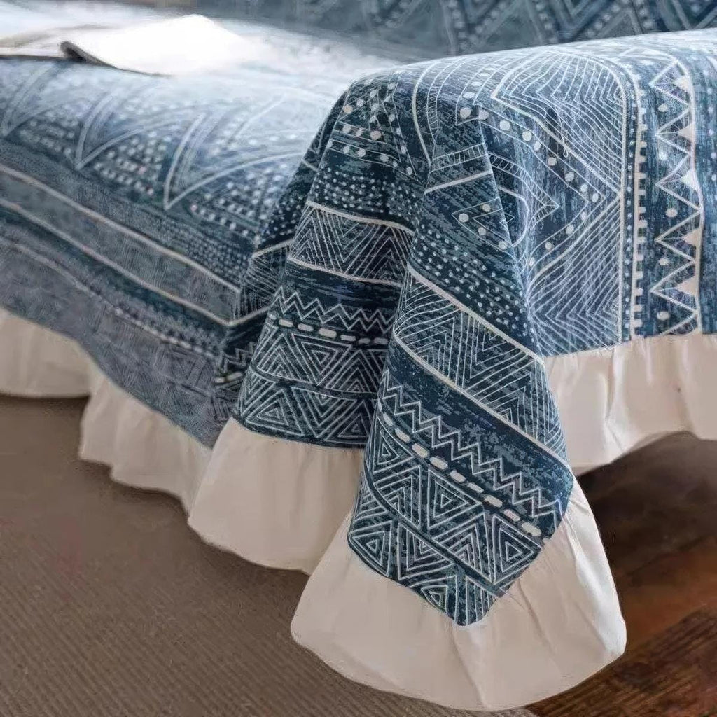 Boho Indigo Geometric Sofa Cover: Cotton Linen, Ruffle Edge