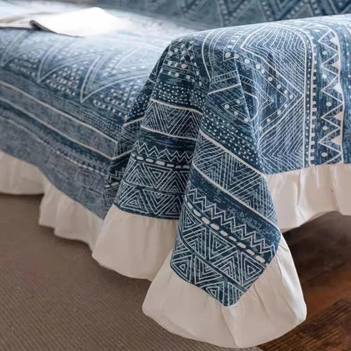 Boho Indigo Geometric Sofa Cover: Cotton Linen, Ruffle Edge