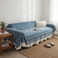 Boho Indigo Geometric Sofa Cover: Cotton Linen, Ruffle Edge