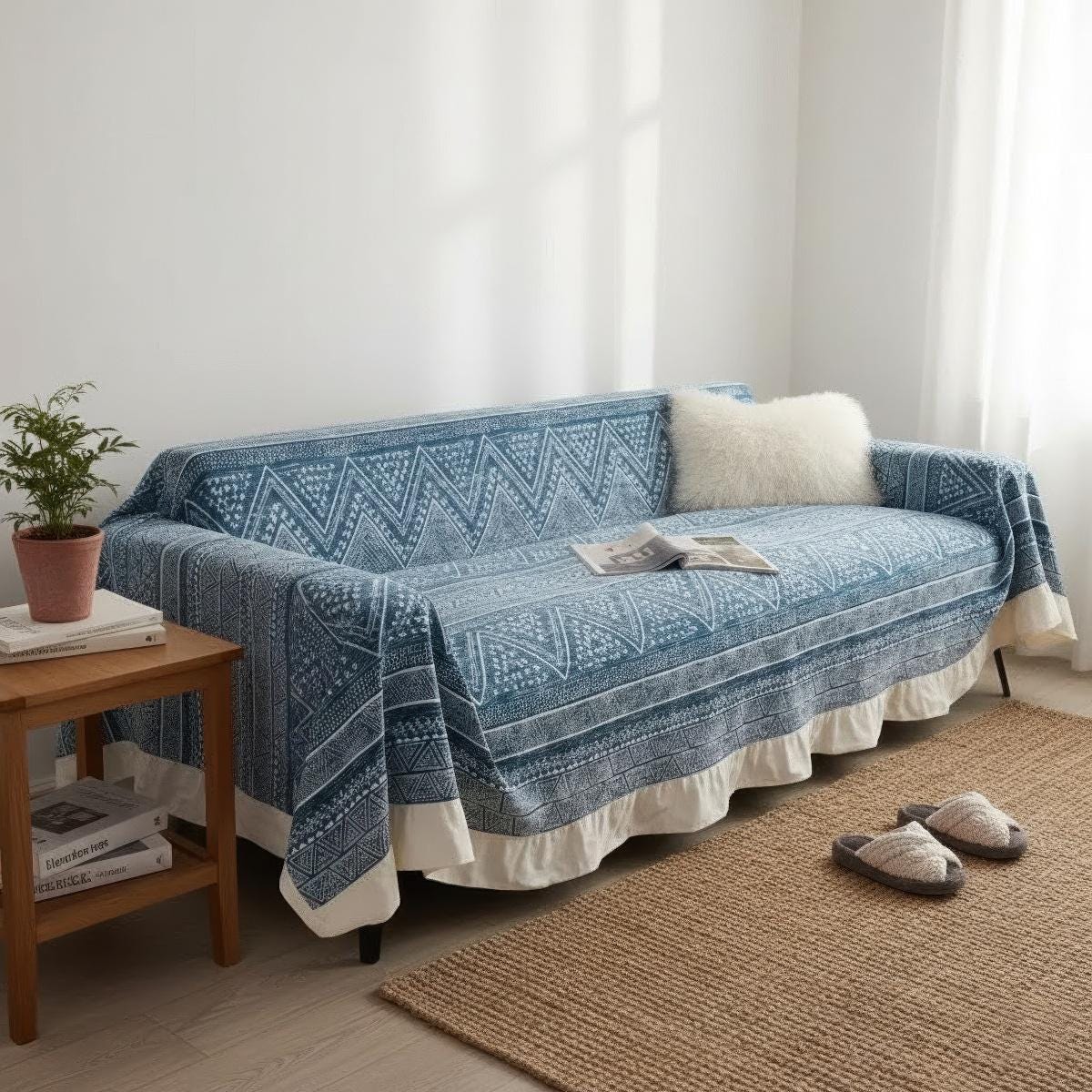 Boho Indigo Geometric Sofa Cover: Cotton Linen, Ruffle Edge