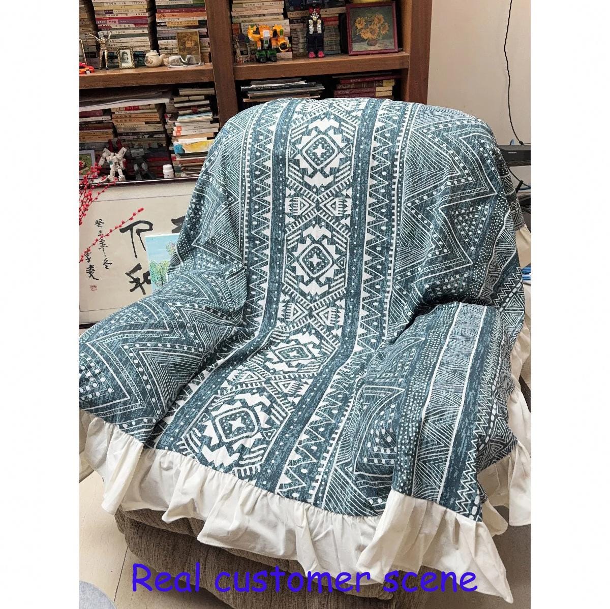 Boho Indigo Geometric Sofa Cover: Cotton Linen, Ruffle Edge