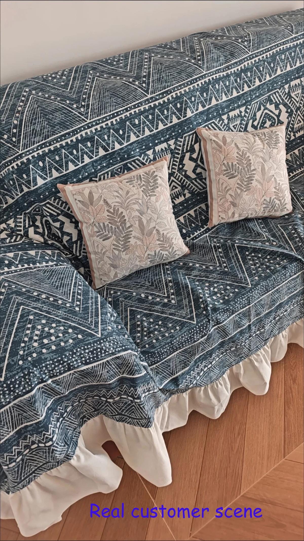 Boho Indigo Geometric Sofa Cover: Cotton Linen, Ruffle Edge