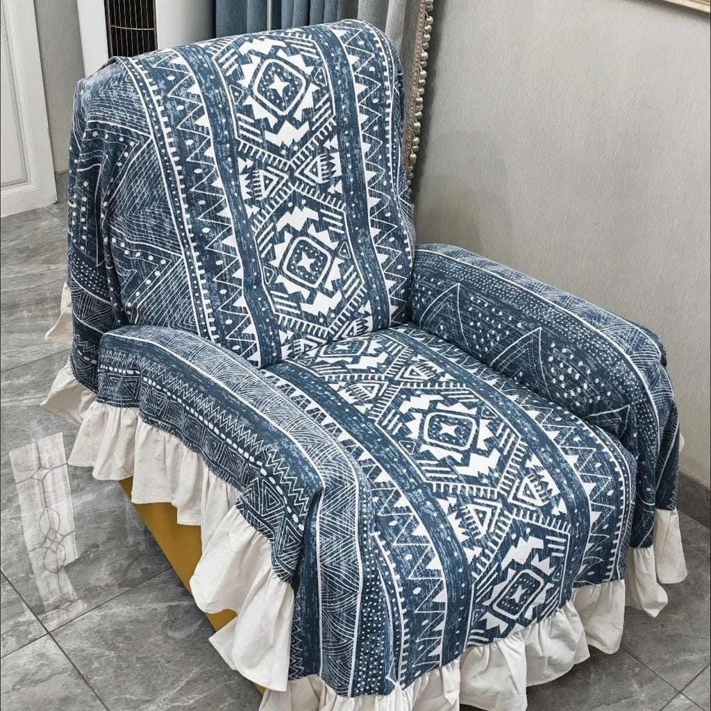 Boho Indigo Geometric Sofa Cover: Cotton Linen, Ruffle Edge