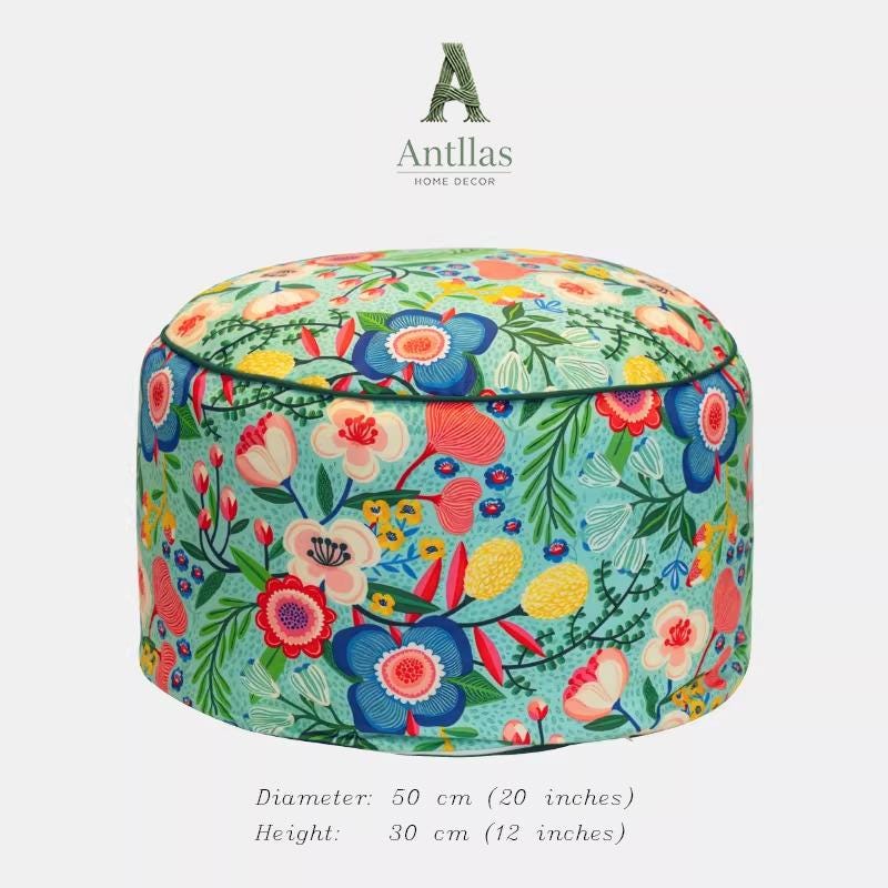Retro Floral Pouf Cover, Boho Ottoman Slipcover, Unstuffed Footstool