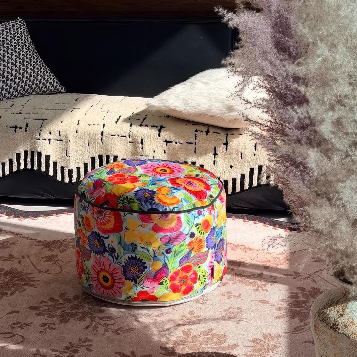 Retro Floral Pouf Cover, Boho Ottoman Slipcover, Unstuffed Footstool