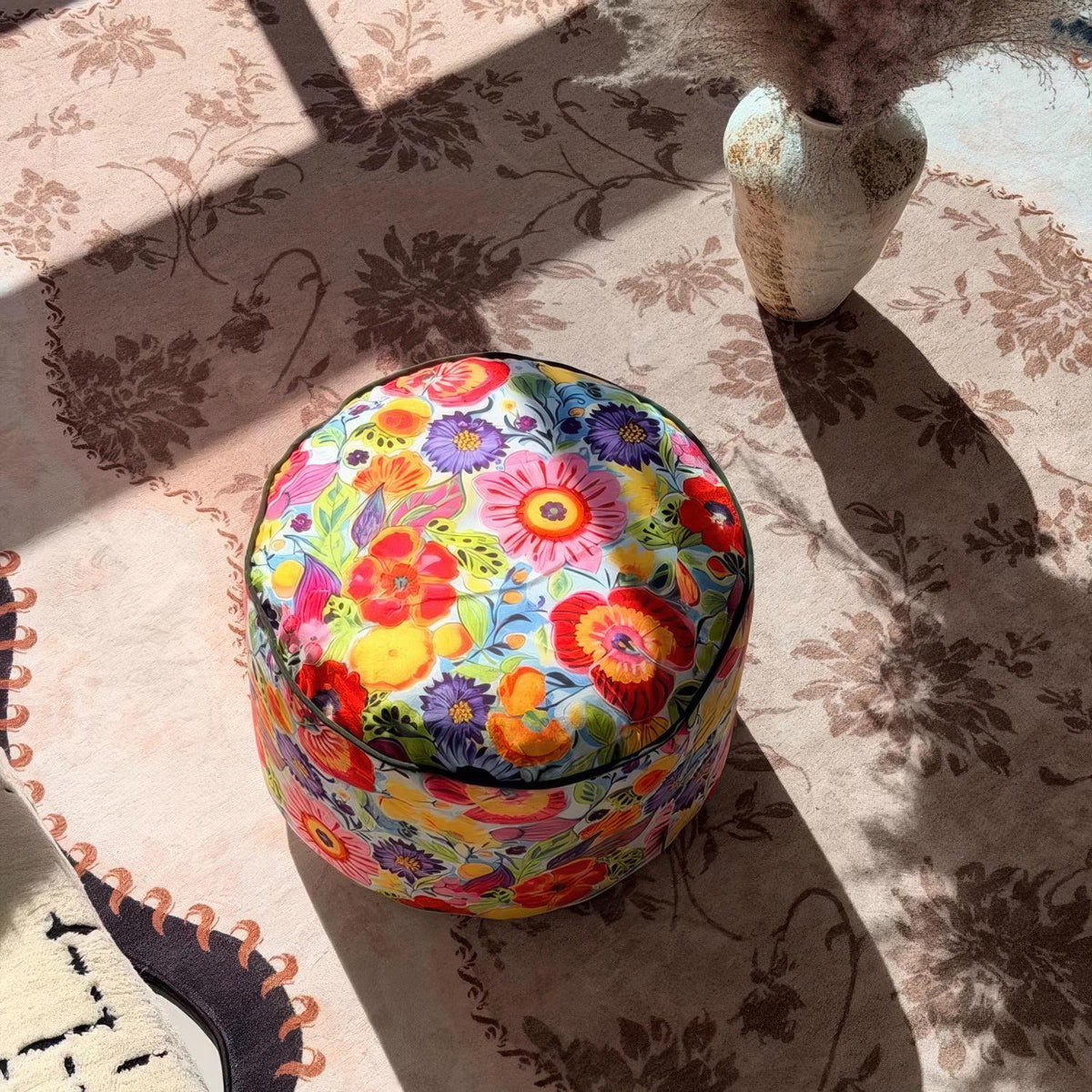 Retro Floral Pouf Cover, Boho Ottoman Slipcover, Unstuffed Footstool