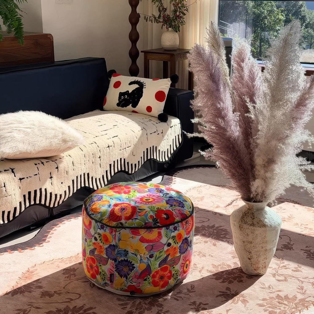 Retro Floral Pouf Cover, Boho Ottoman Slipcover, Unstuffed Footstool