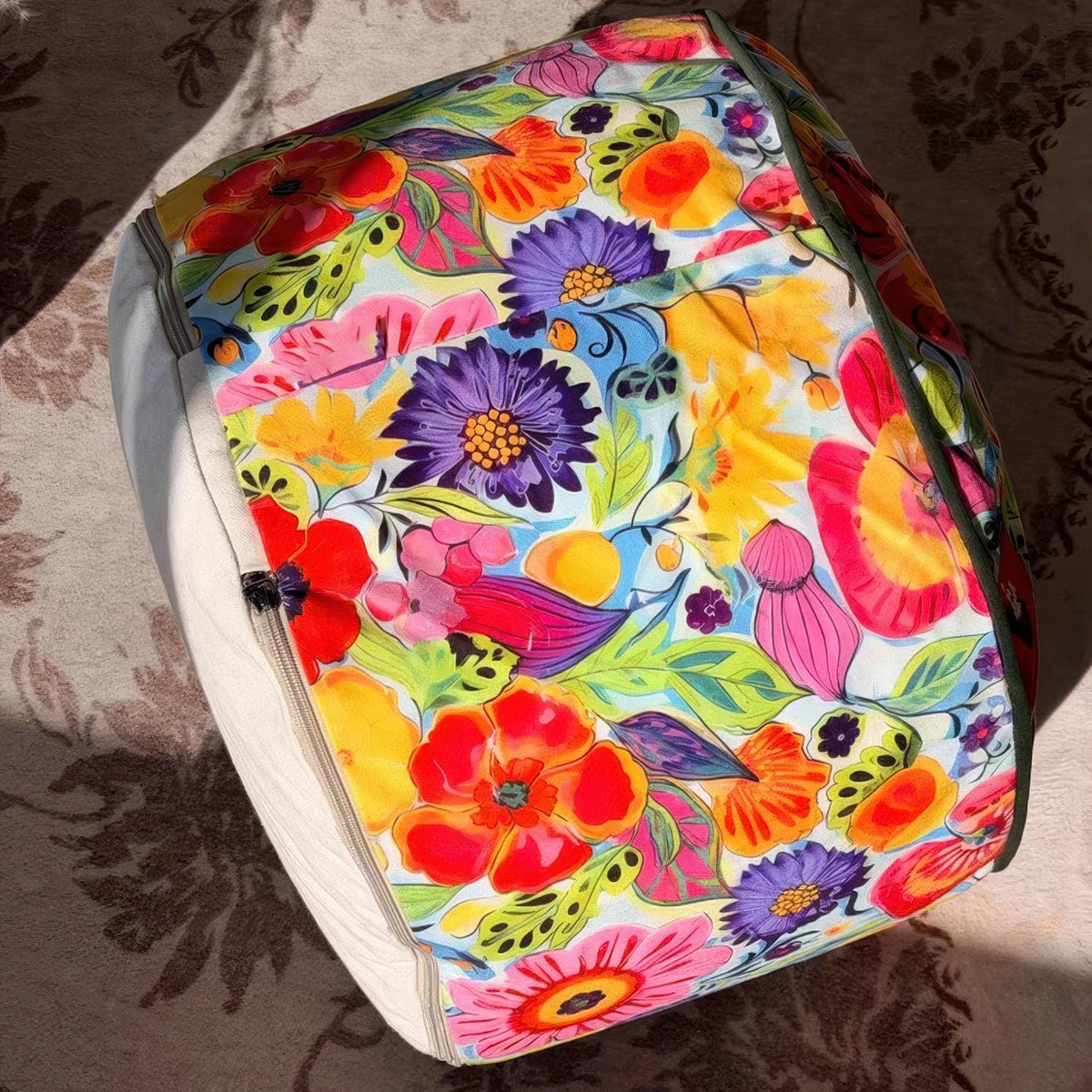 Retro Floral Pouf Cover, Boho Ottoman Slipcover, Unstuffed Footstool