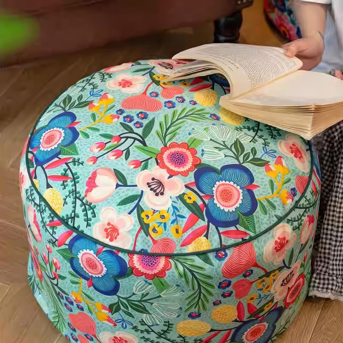 Retro Floral Pouf Cover, Boho Ottoman Slipcover, Unstuffed Footstool