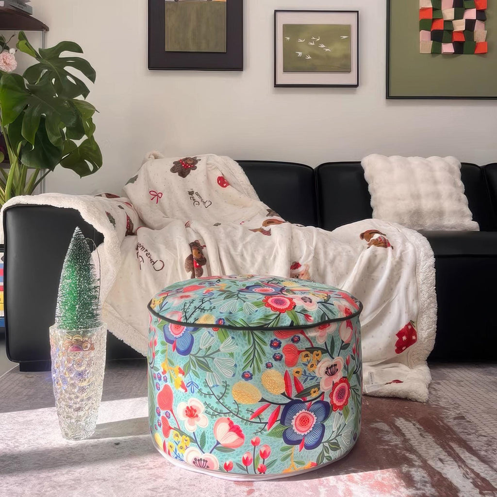 Retro Floral Pouf Cover, Boho Ottoman Slipcover, Unstuffed Footstool
