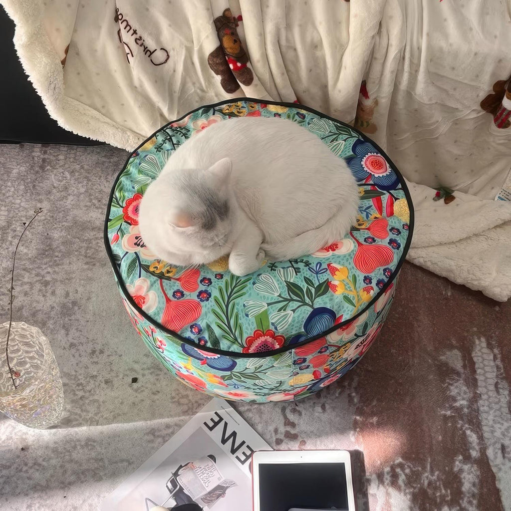 Retro Floral Pouf Cover, Boho Ottoman Slipcover, Unstuffed Footstool