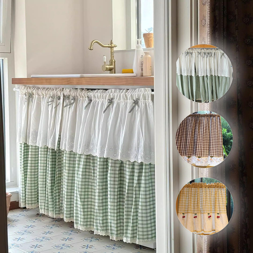 Green Gingham Sink Skirt, Eyelet Lace Farmhouse Cabinet Curtain