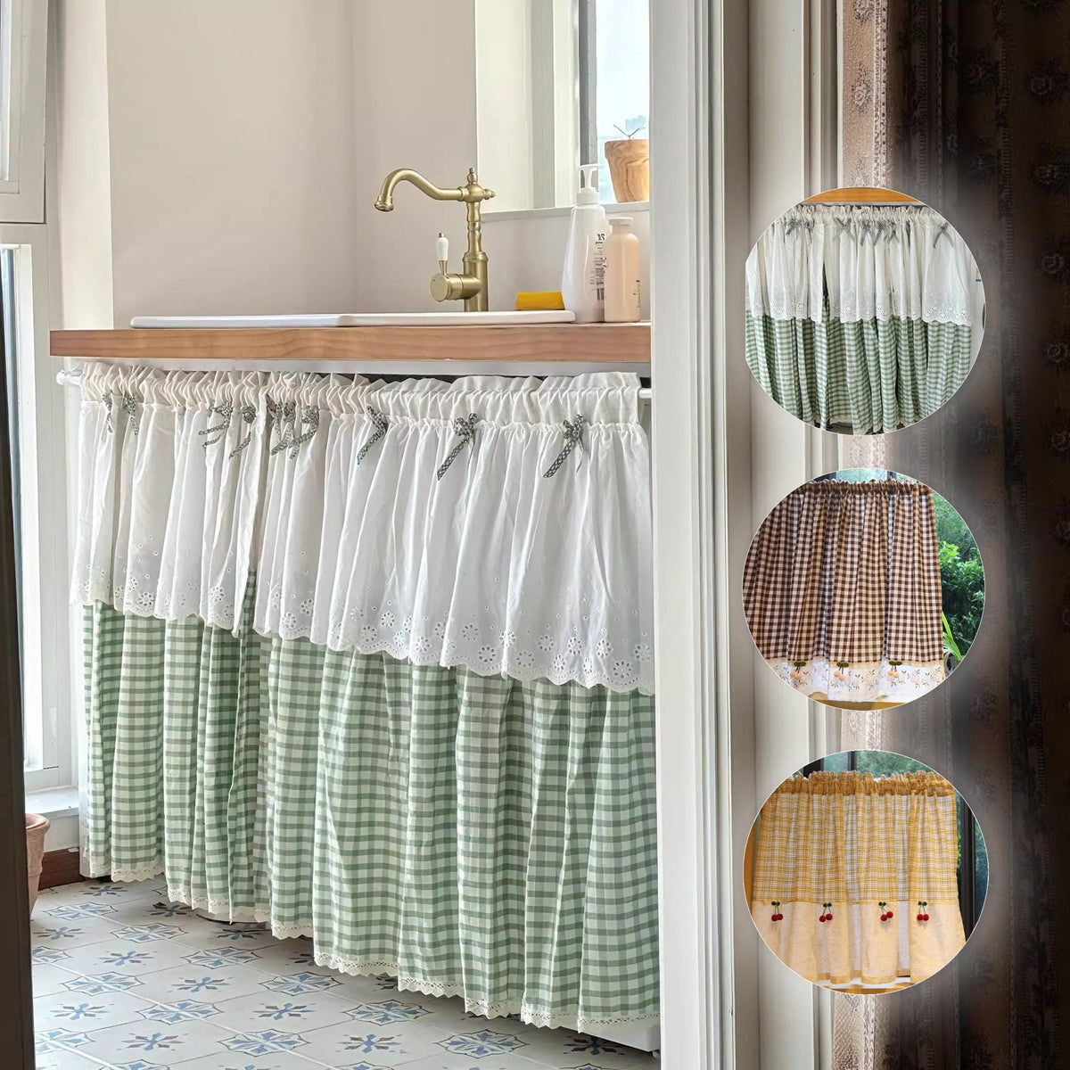Green Gingham Sink Skirt, Eyelet Lace Farmhouse Cabinet Curtain
