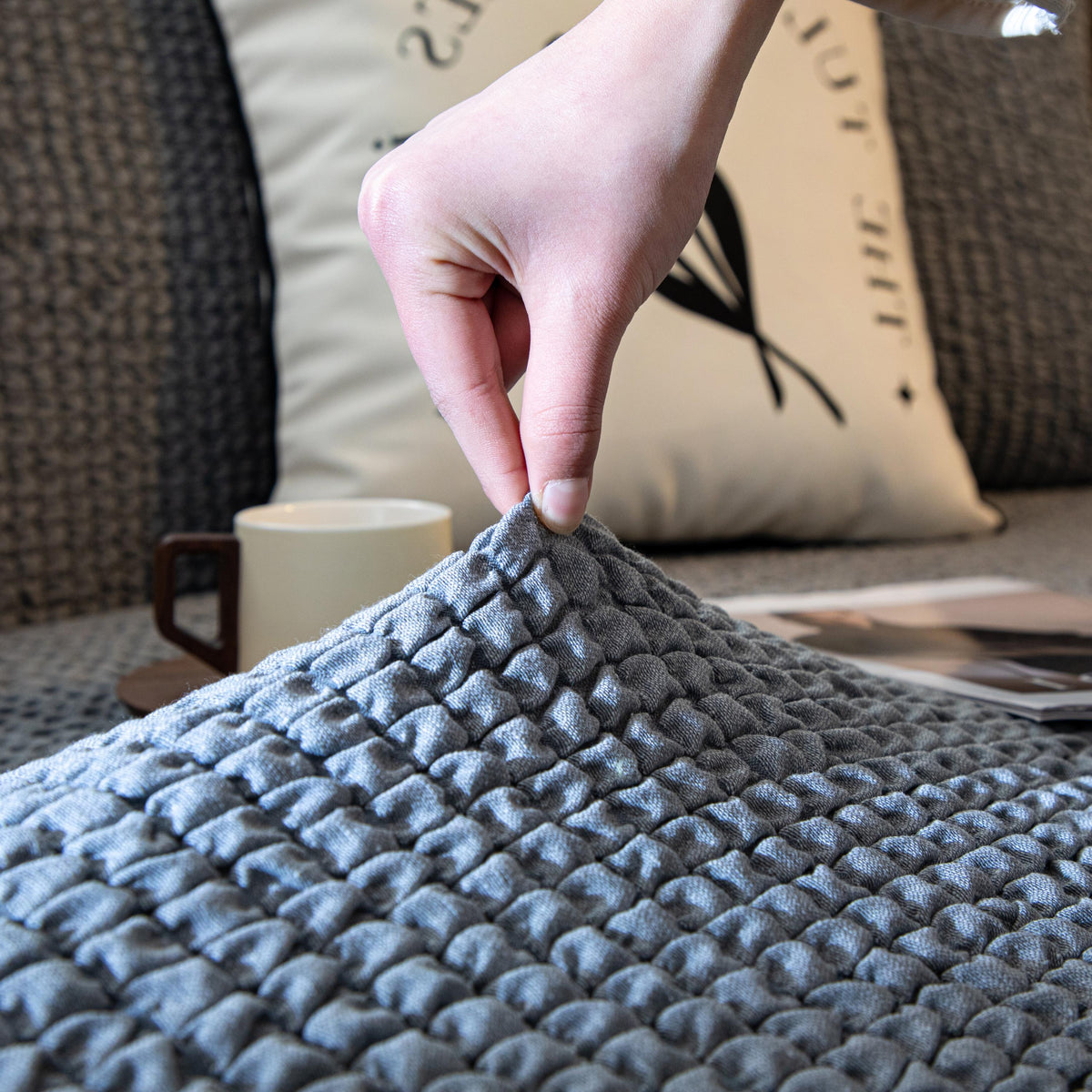 Bubble Textured Sofa Cover, Light Luxury Creamy Style Slipcover, Stretch L-Shape Couch Skin