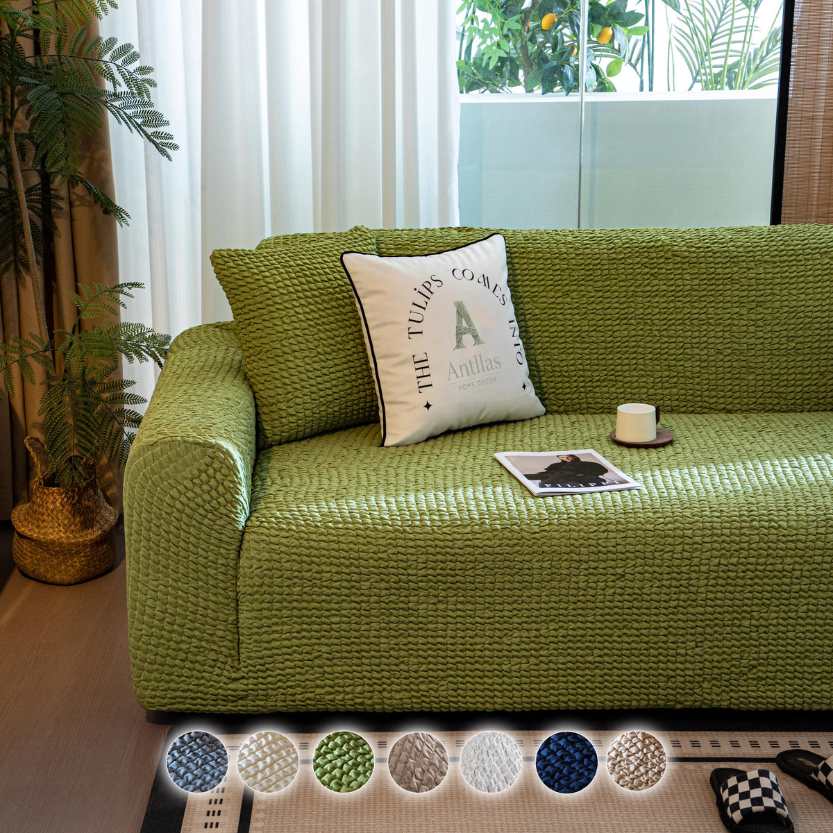 Bubble Textured Sofa Cover, Light Luxury Creamy Style Slipcover, Stretch L-Shape Couch Skin