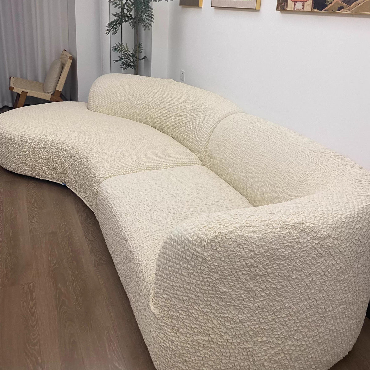 Curved Sofa Cover, Bubble Texture Stretch Slipcover, Asymmetrical Couch Protector