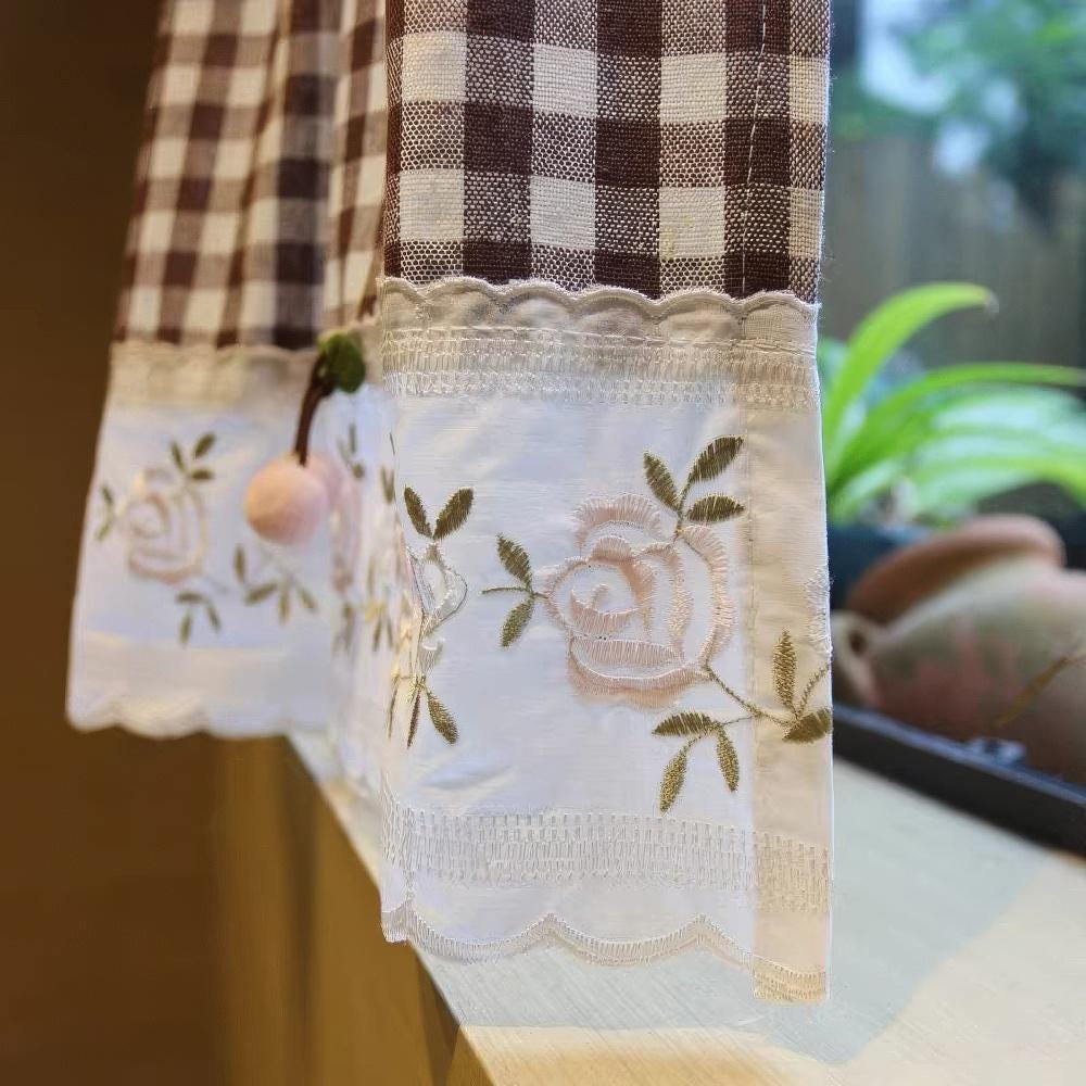 Green Gingham Sink Skirt, Eyelet Lace Farmhouse Cabinet Curtain