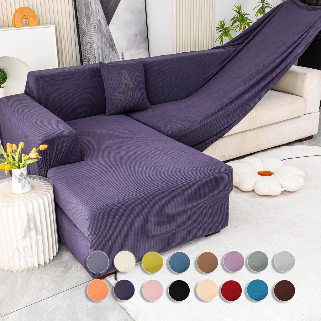 Full Coverage L-Shape, Stretch Waffle Sofa Cover, Elastic Couch Slipcover, Morandi Color Furniture Protector
