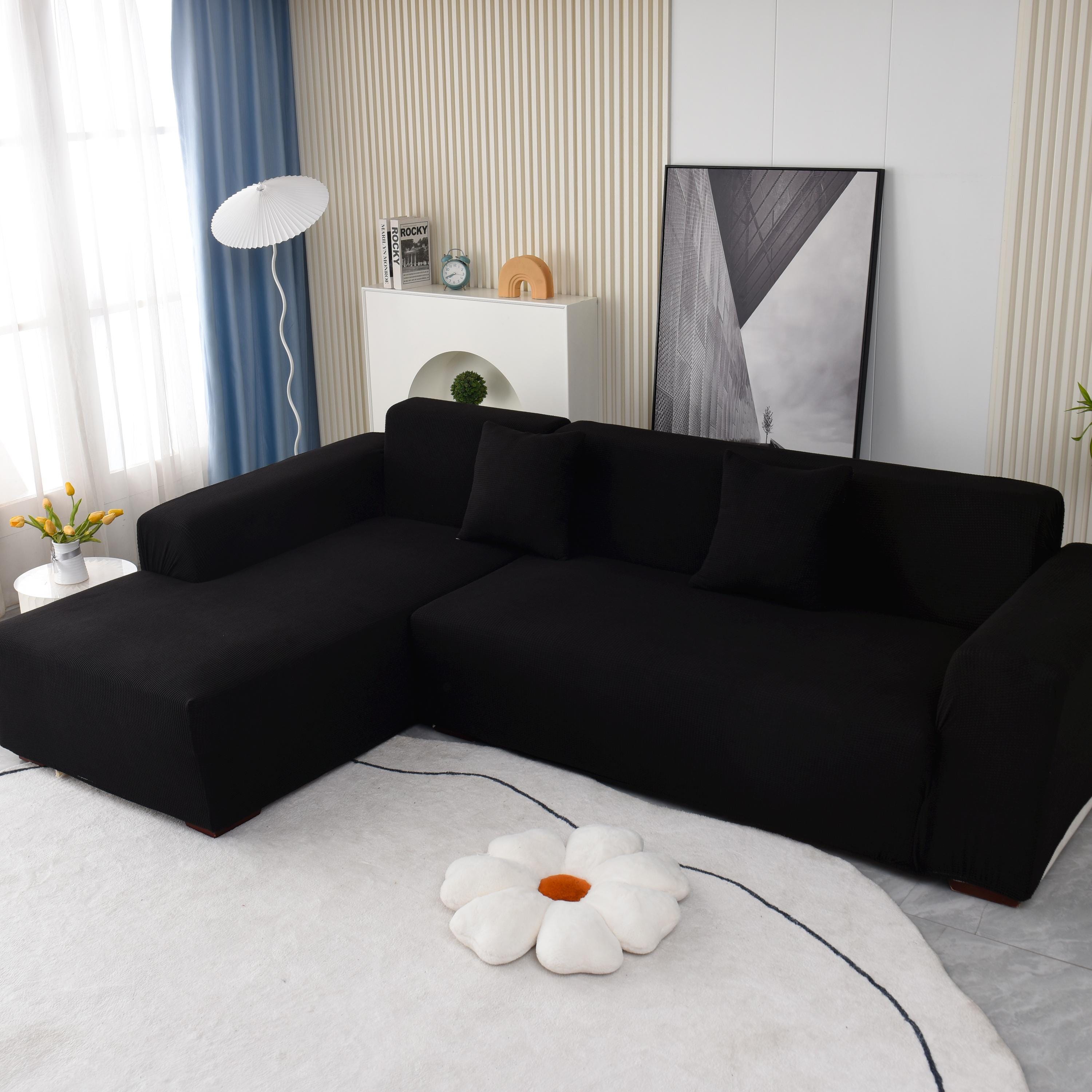 Full Coverage L-Shape, Stretch Waffle Sofa Cover, Elastic Couch Slipcover, Morandi Color Furniture Protector