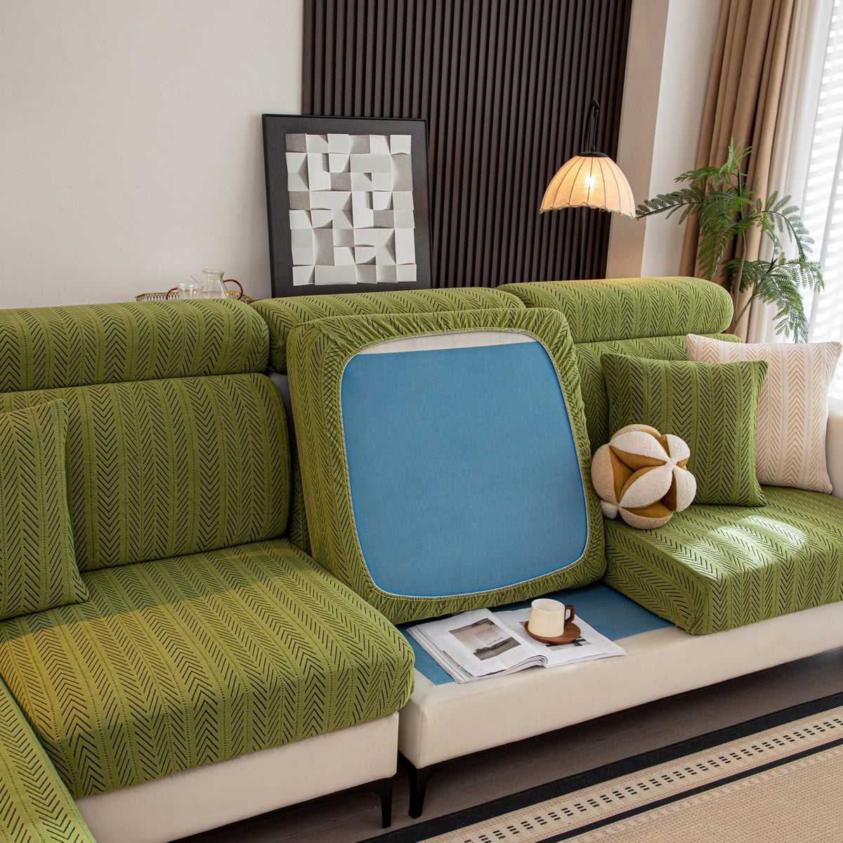 Herringbone Sofa Cushion Cover, L-Shaped Sectional Slipcover, Modern Textured Furniture Protector