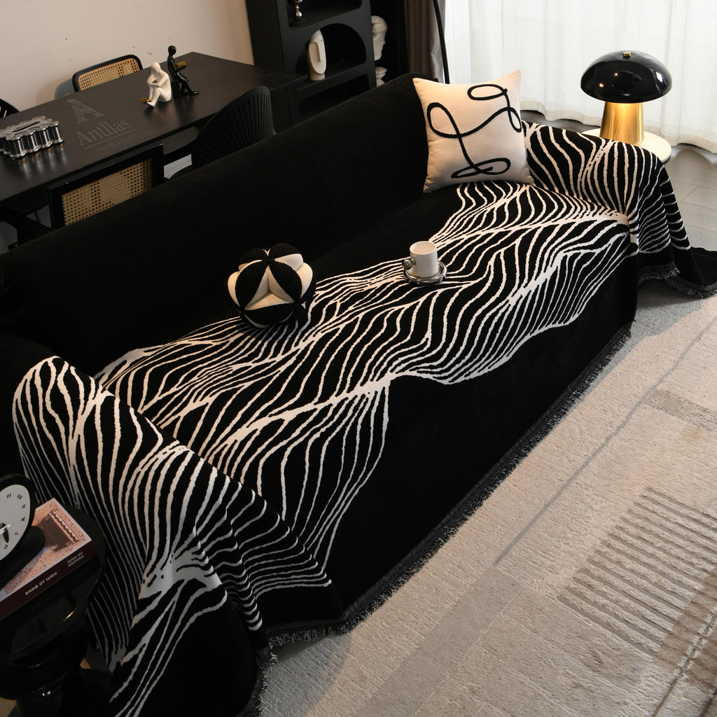 Reversible Chenille Sofa Throw, Abstract Line Woven Blanket, Anti-Pilling Furniture Protector