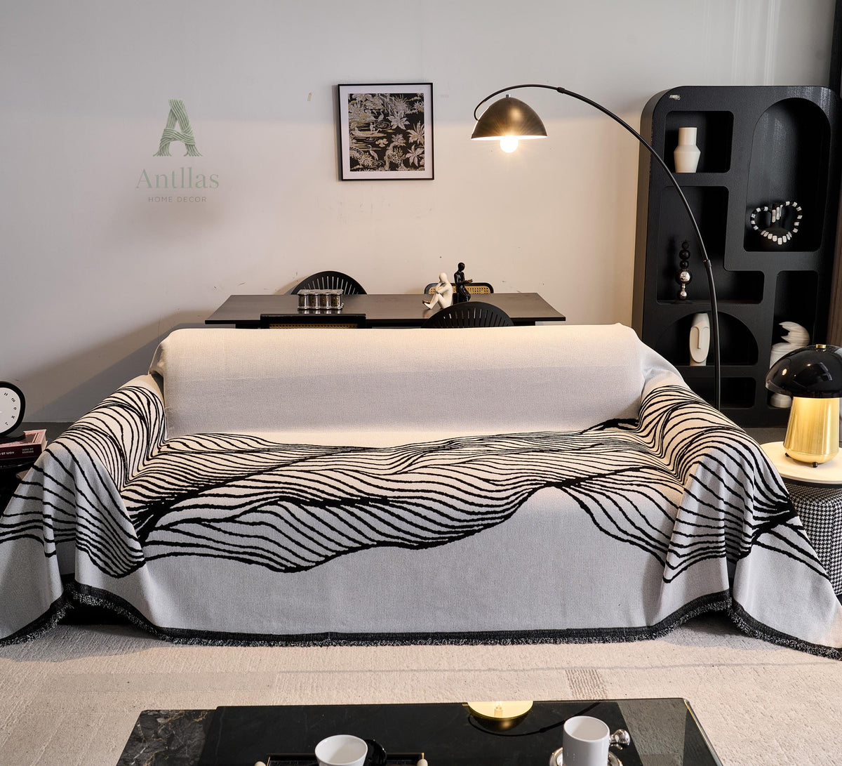 Reversible Chenille Sofa Throw, Abstract Line Woven Blanket, Anti-Pilling Furniture Protector