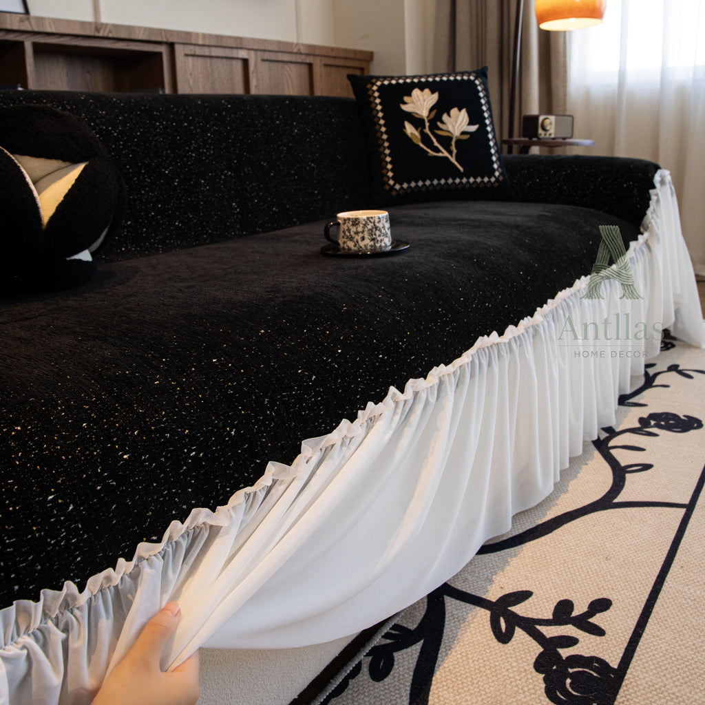 Chenille Sofa Cover, Ruffled Skirt, Starry Night Throw, Boho Blanket Protector