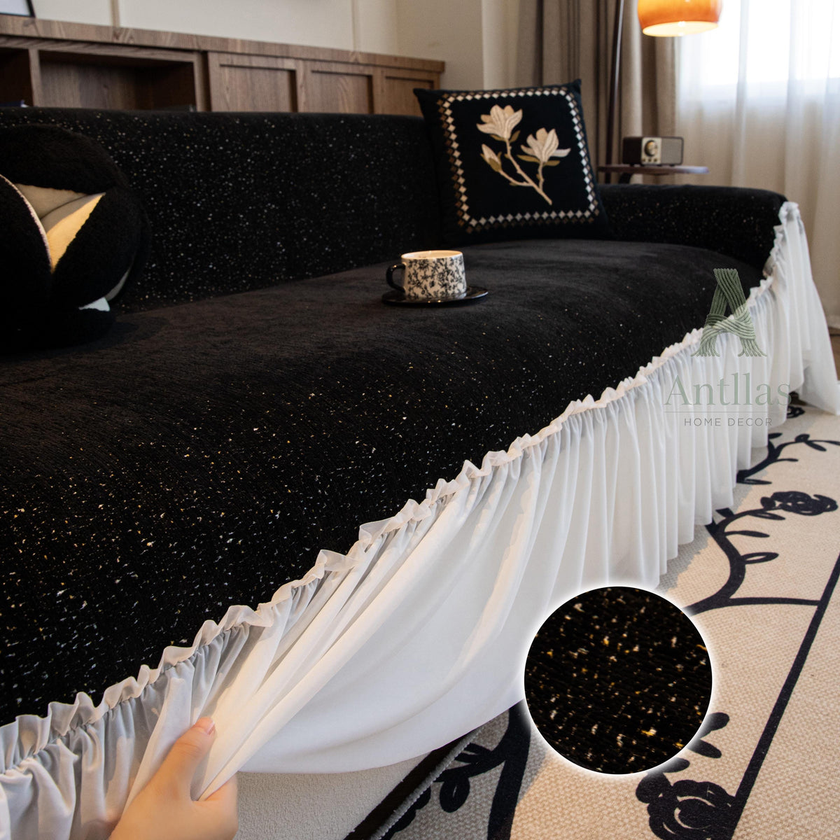 Chenille Sofa Cover, Ruffled Skirt, Starry Night Throw, Boho Blanket Protector