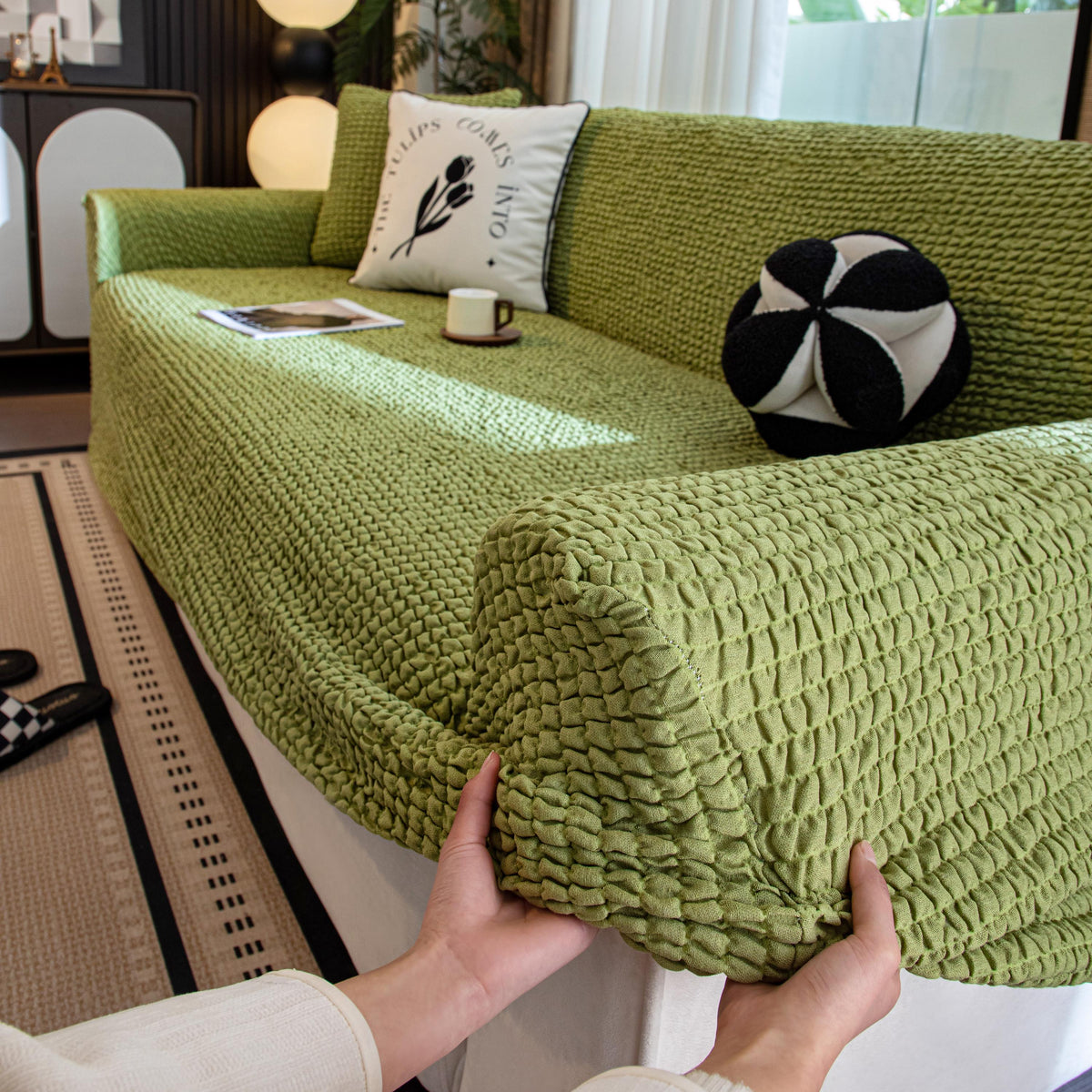 Bubble Textured Sofa Cover, Light Luxury Creamy Style Slipcover, Stretch L-Shape Couch Skin