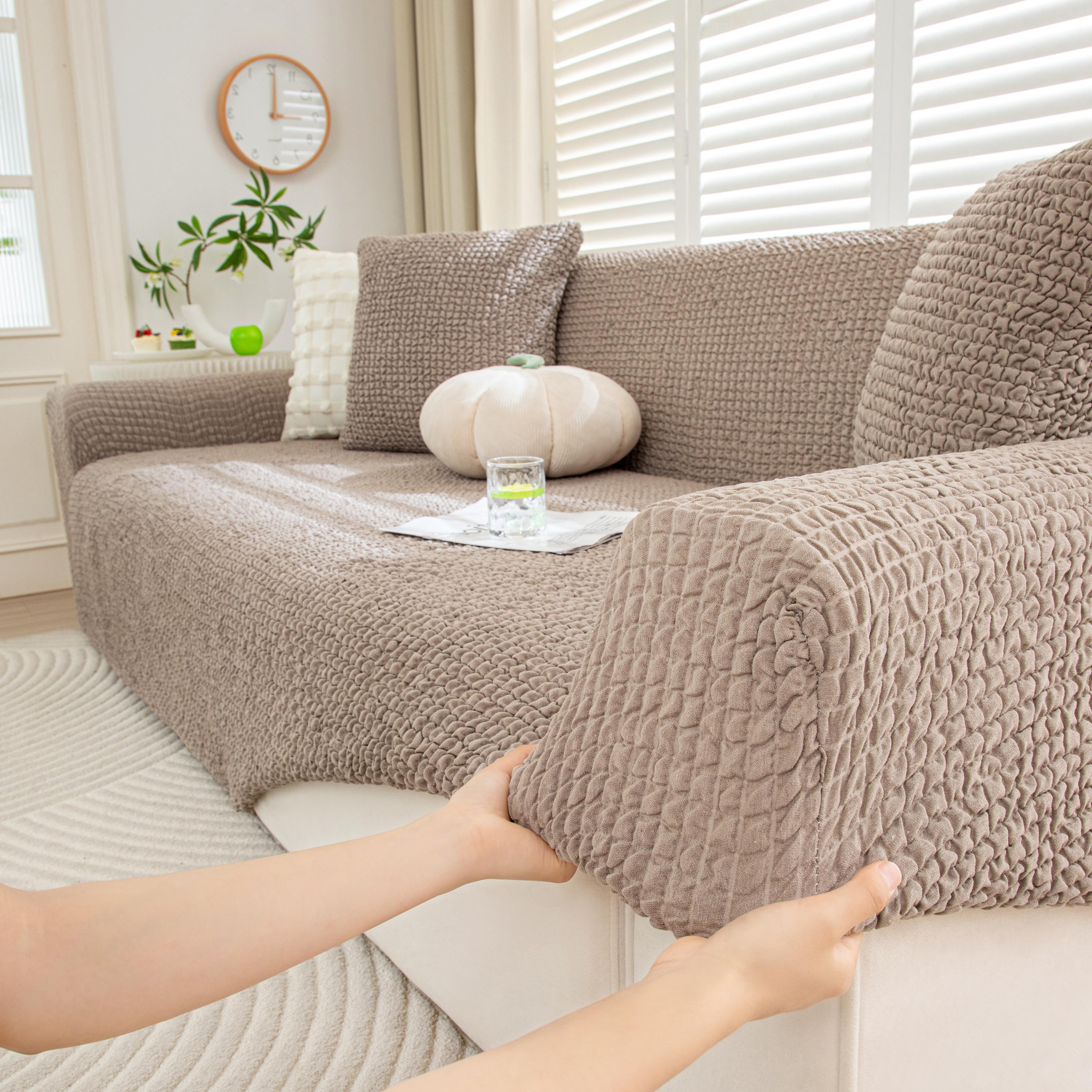 Bubble Textured Sofa Cover, Light Luxury Creamy Style Slipcover, Stretch L-Shape Couch Skin