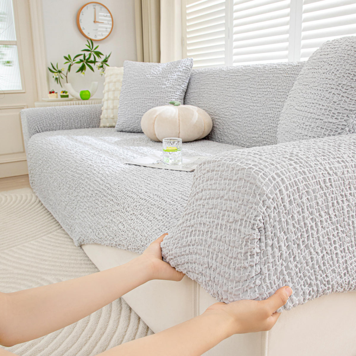 Bubble Textured Sofa Cover, Light Luxury Creamy Style Slipcover, Stretch L-Shape Couch Skin